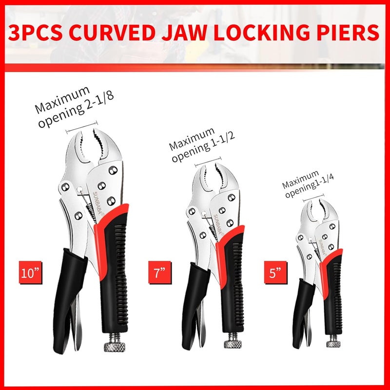 Sunbaba Locking Pliers Set, 6-Piece Vice Grips Pliers Set Long Nose 6-1/2”, 9-1/2” Curved Jaw 5” 7” 10” C-Clamp 6” Adjustable Screw - Image 2